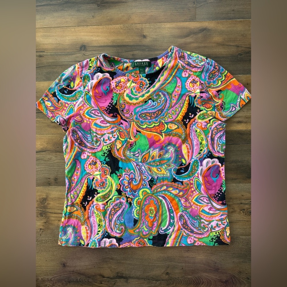Lauren Ralph Lauren Colorful Paisley Top L Boho Preppy Retro